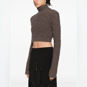 Fendi Brown Wool Chevron Knit Cropped Turtleneck Sweater Size 4
